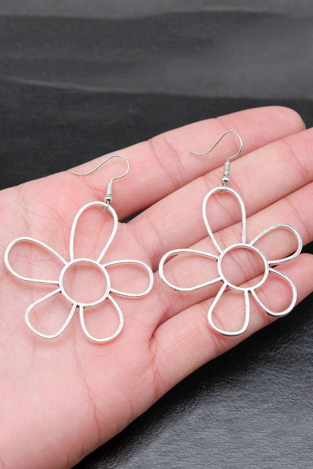 Silvery Alloy Hollowed Flower Hook Earrings: ONE SIZE / Silver