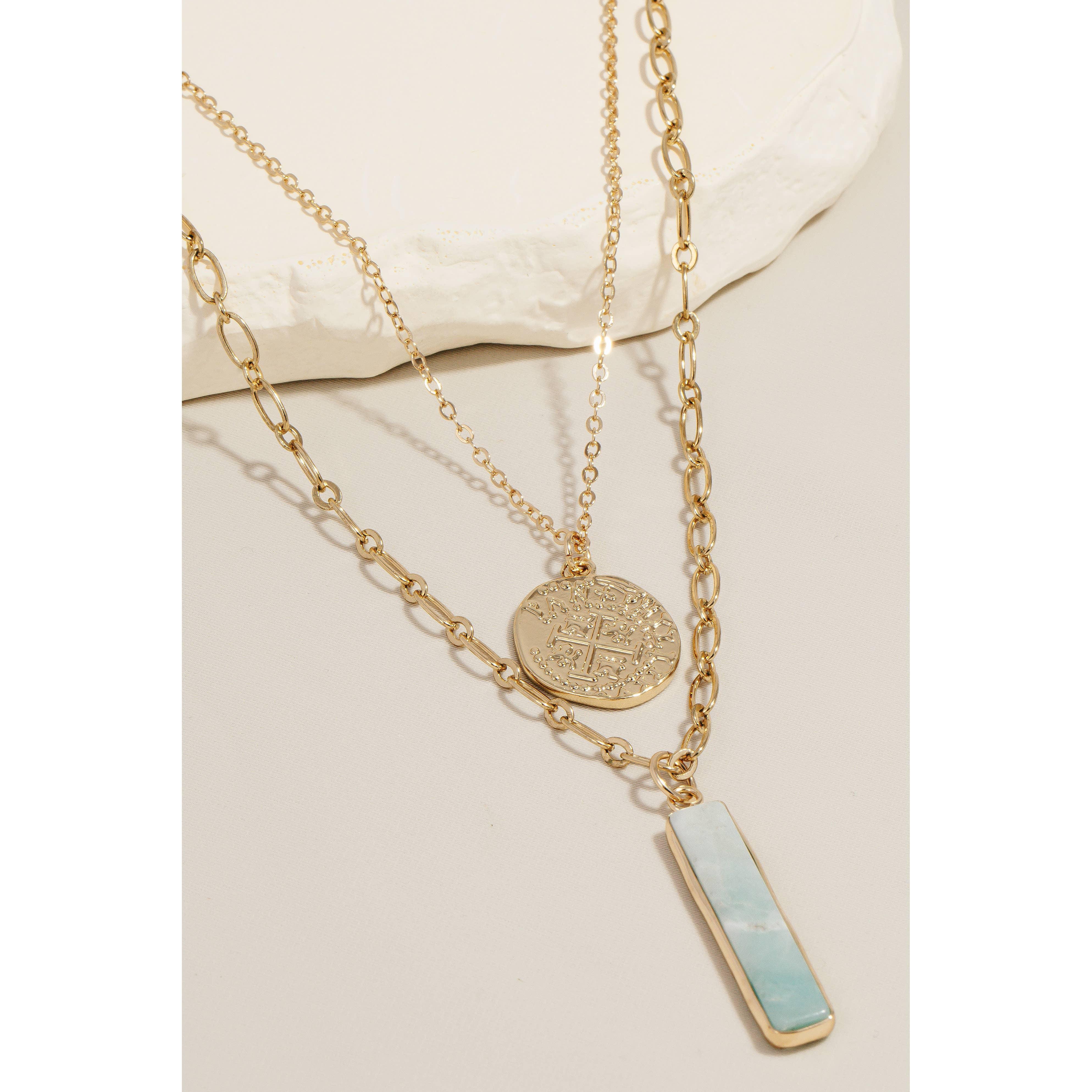 Stone Bar And Metallic Coin Pendant Necklace: WHT