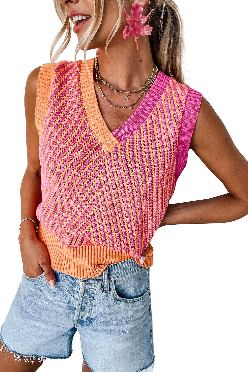 Strawberry Pink Contrast Chevron Knit Sweater Top