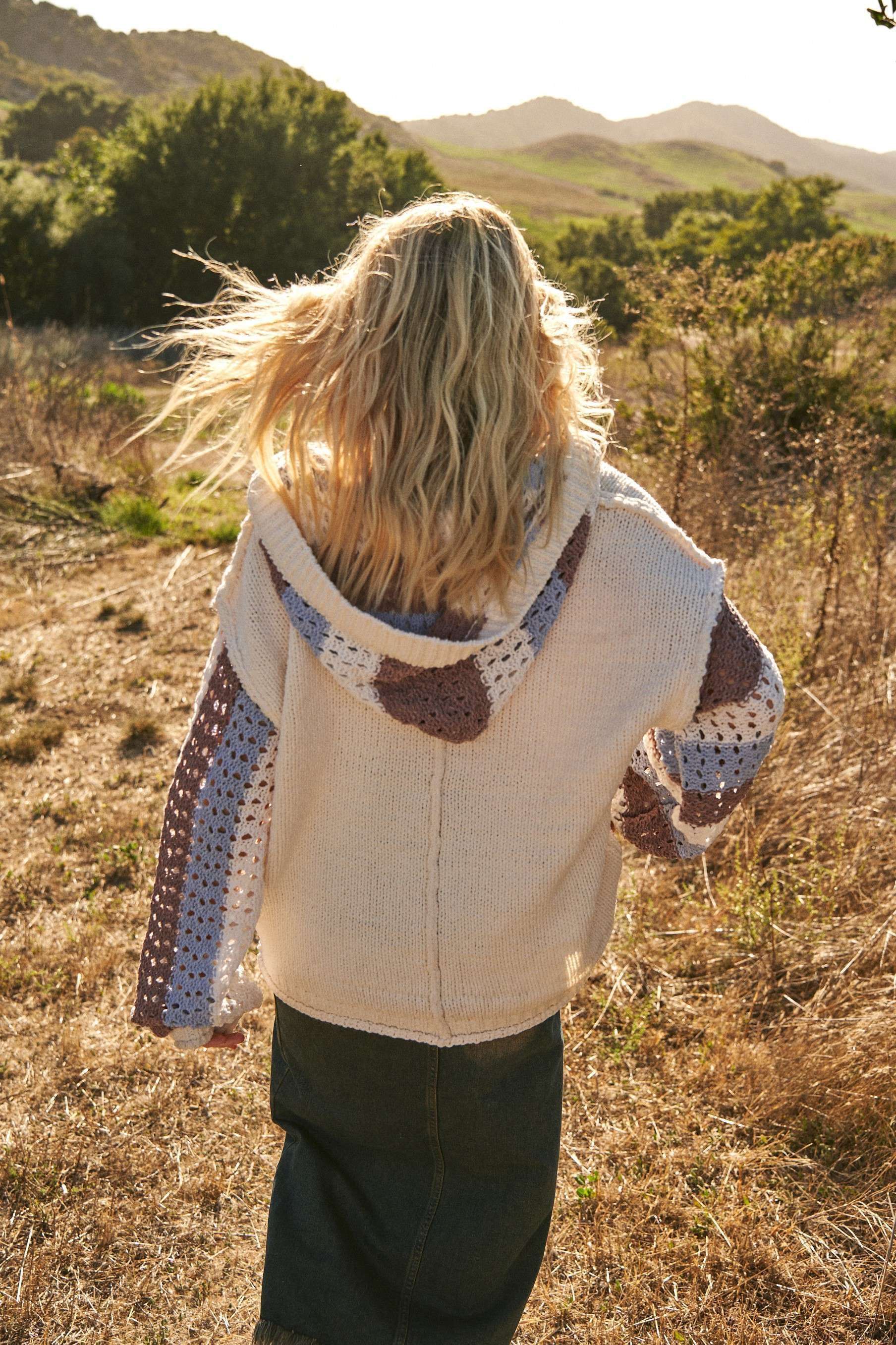 Hooded Stripe Crochet Detailed Sweater