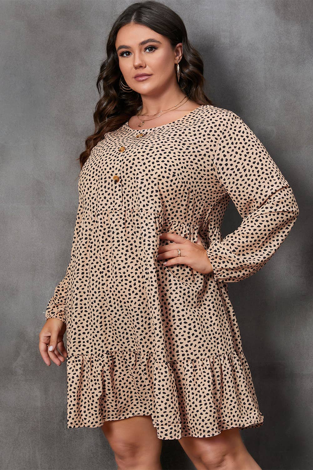66DISCO Leopard Spotted Print Tiered Long Plus Size Dress