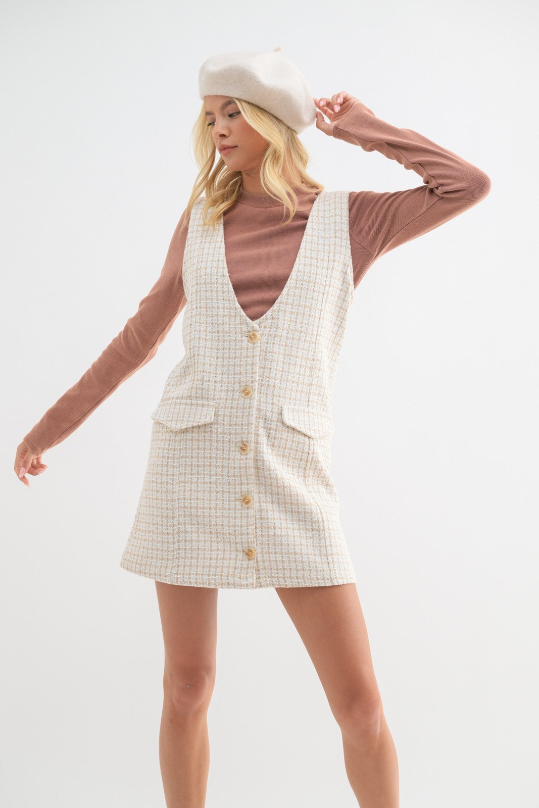 TWEED BUTTON-UP MINI DRESS