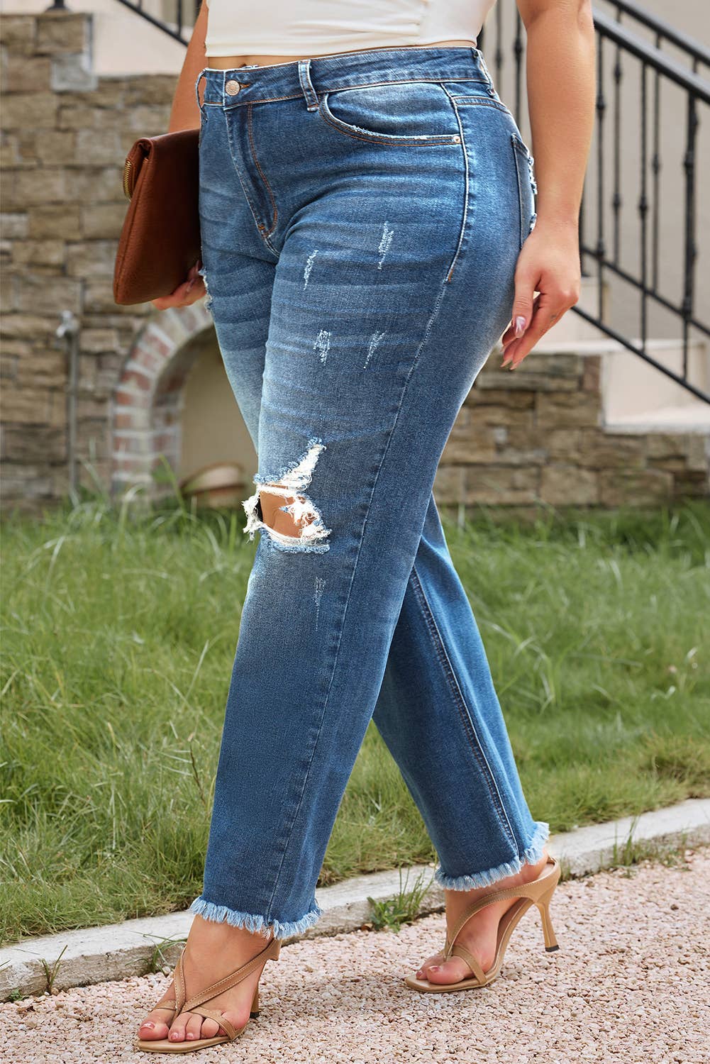 Plus Size Acid Washed High Waist Ripped Distressed Jeans: Blue / Plus Size / 1X