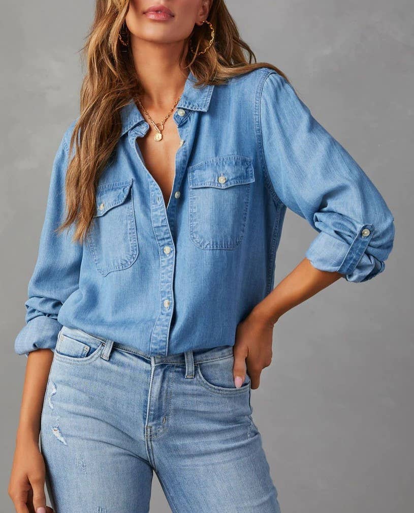 Lapel Single-Breasted Long-Sleeved Denim Shirt: Blue*