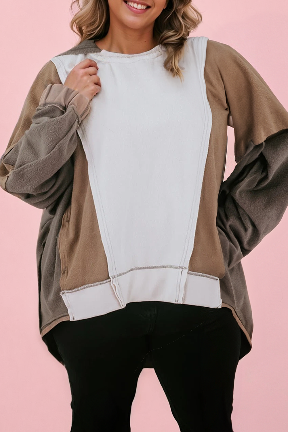 Plus Size Colorblock Patchwork Long Sleeve Sweatshirt: Brown / Plus Size / 1X