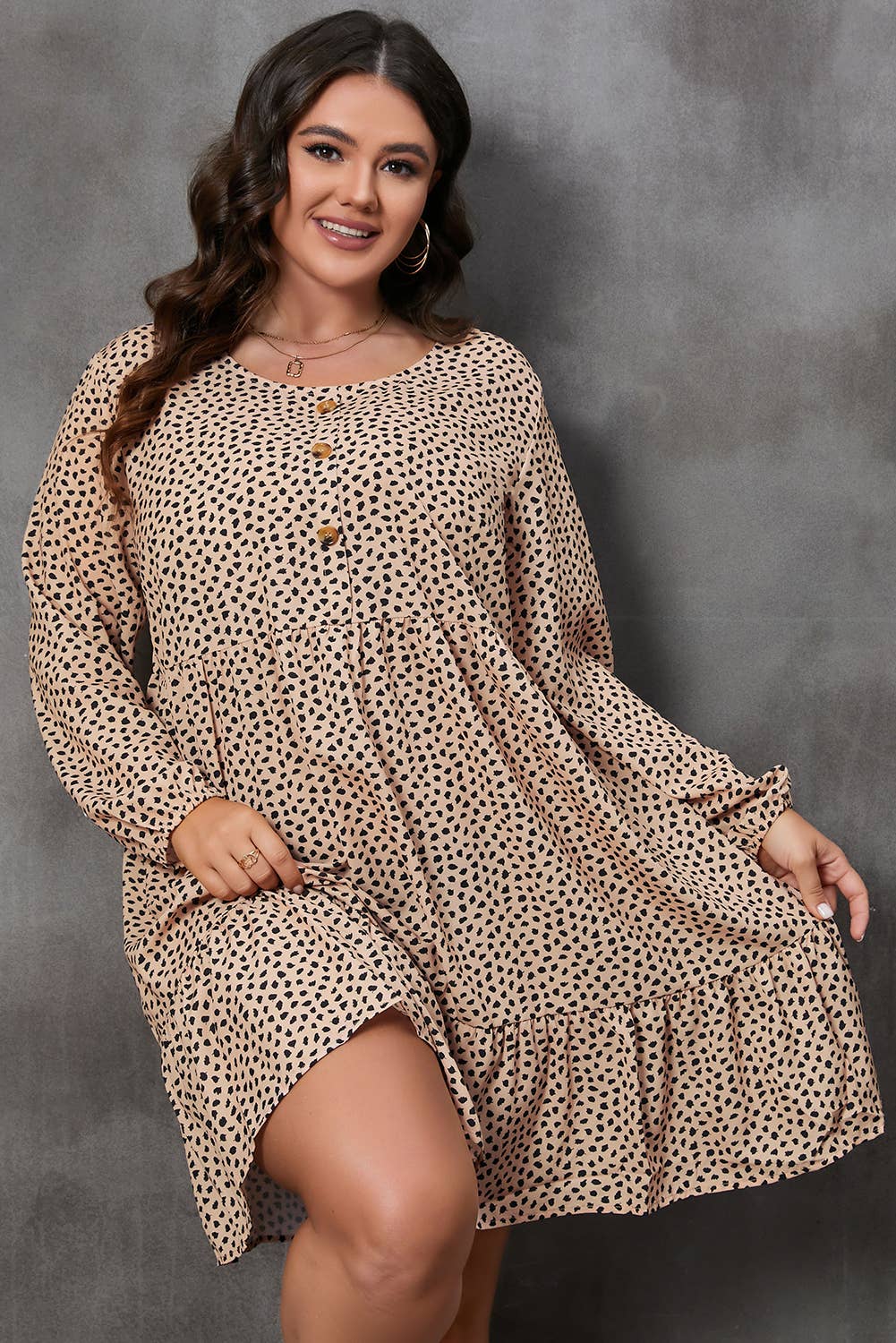 Leopard Spotted Print Tiered Long Plus Size Dress