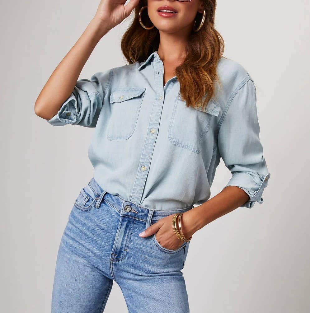 Lapel Single-Breasted Long-Sleeved Denim Shirt: Blue*