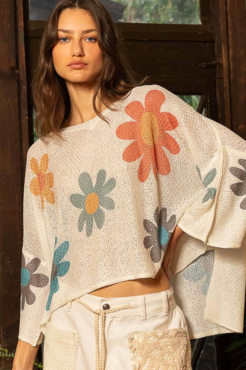 V-neck colorful flower print light weight sweater*