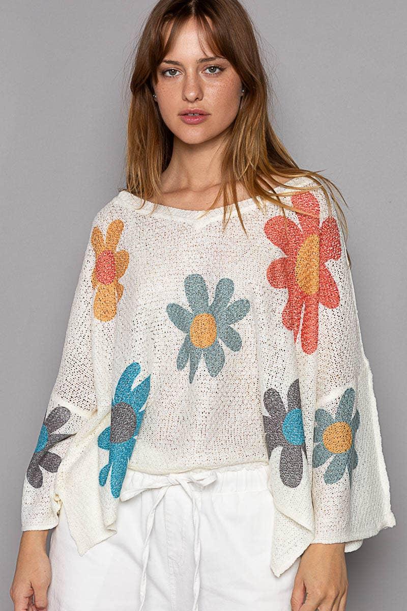 V-neck colorful flower print light weight sweater*