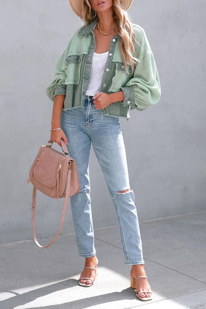 Green Waffle Button Up Crop Shacket*