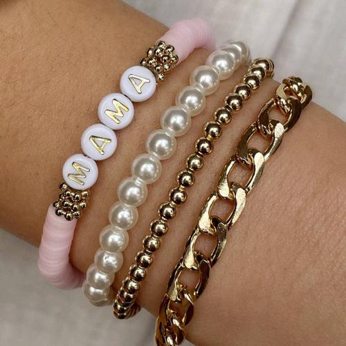 Gold 4PCS MAMA Pearls Beaded Chain Bracelets Set: ONE SIZE / Gold