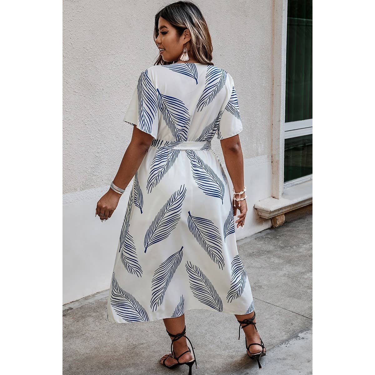 Curvy Size Leaf Print Belt Dress