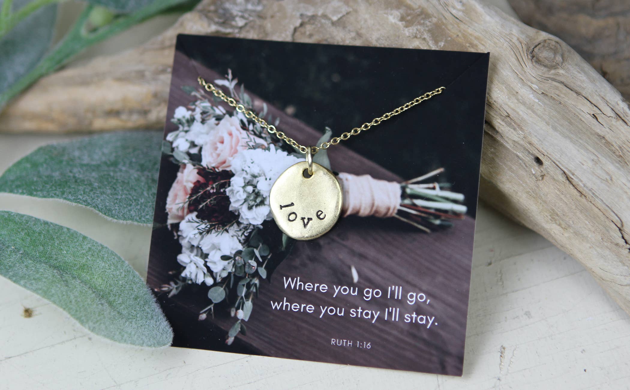 Love Hand Stamped Scripture Necklace: Gold