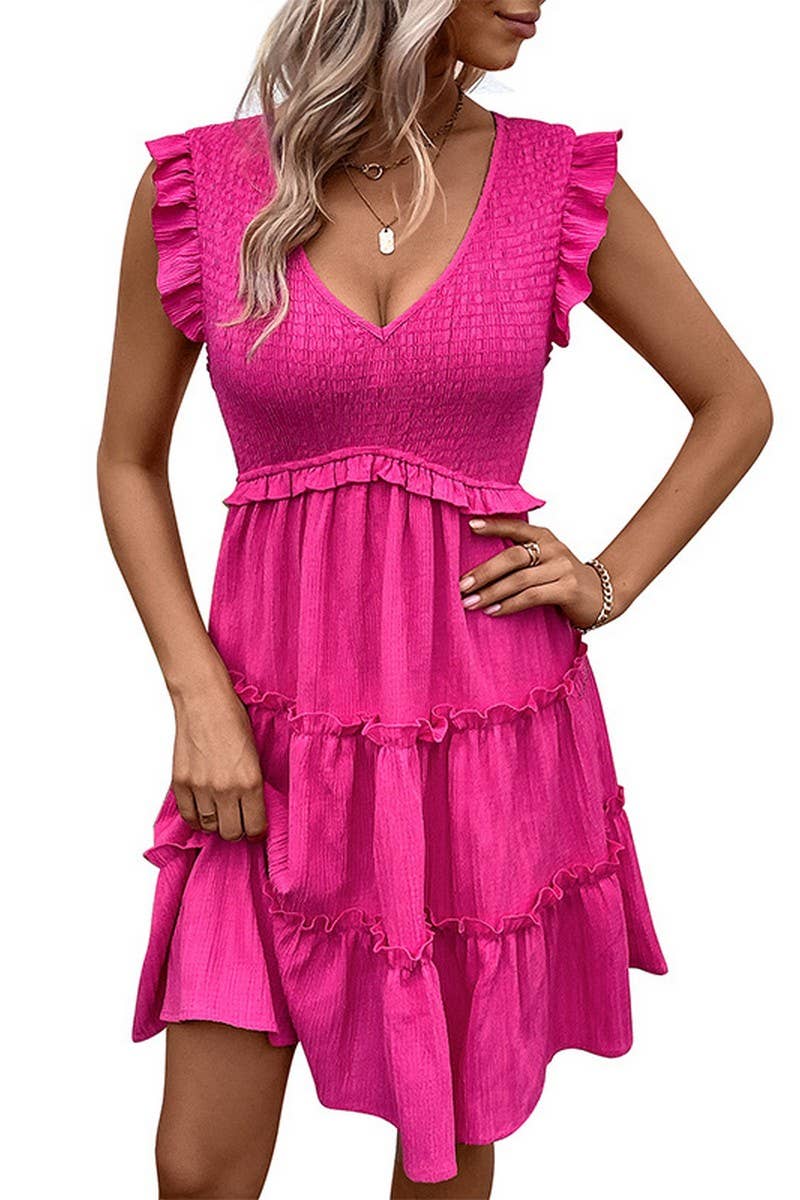V-Neck Pink Smocking Detailed Dress