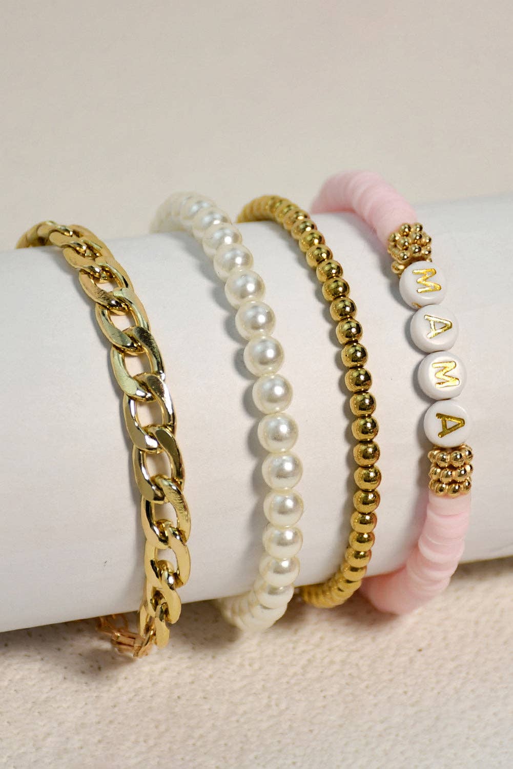 Gold 4PCS MAMA Pearls Beaded Chain Bracelets Set: ONE SIZE / Gold