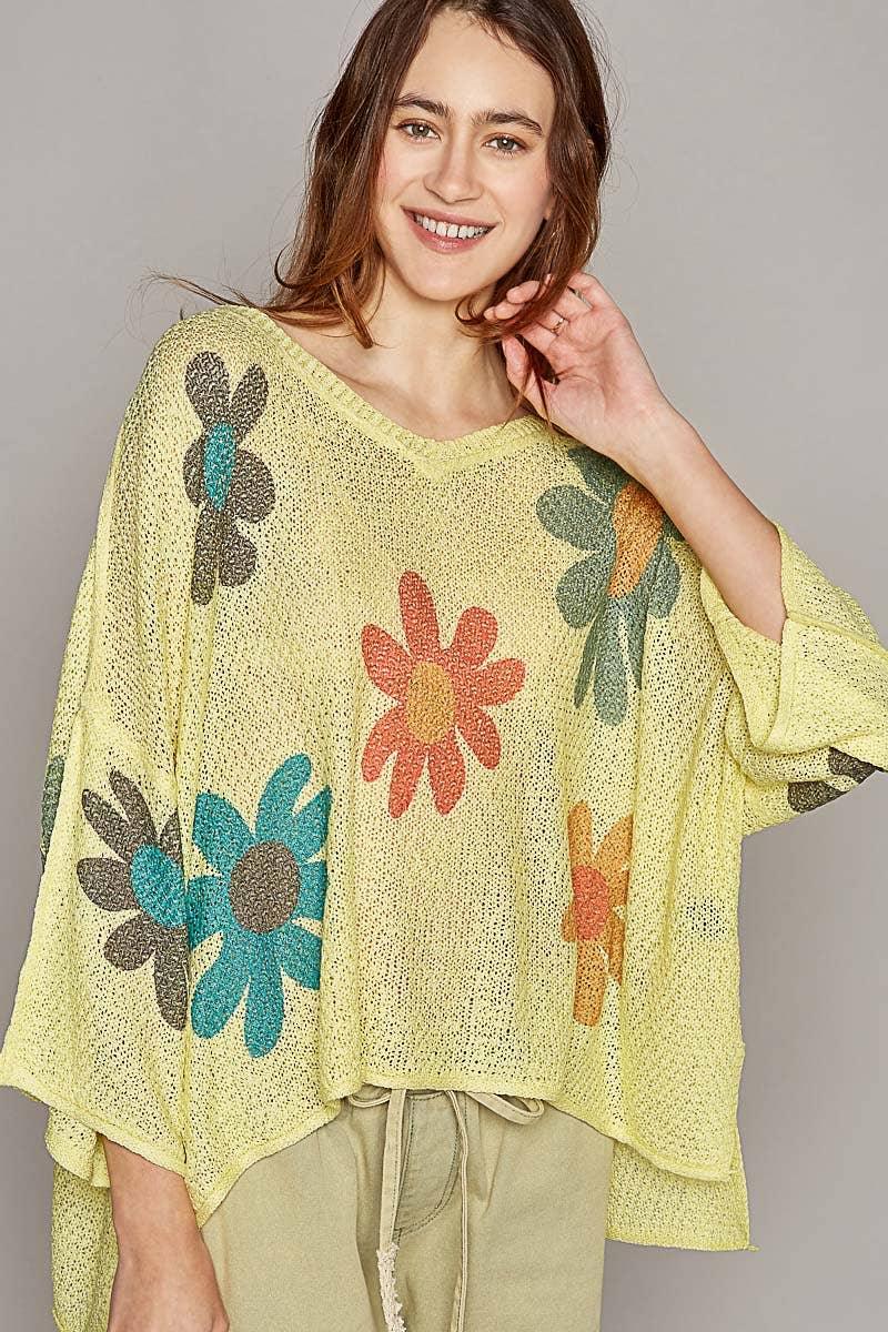 V-neck colorful flower print light weight sweater*