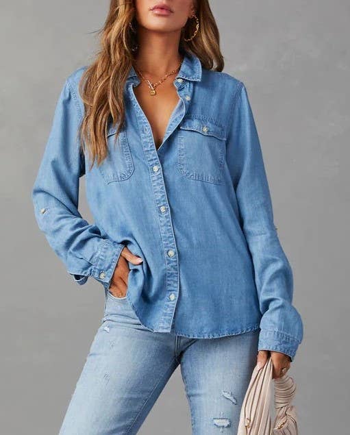 Lapel Single-Breasted Long-Sleeved Denim Shirt: Blue*