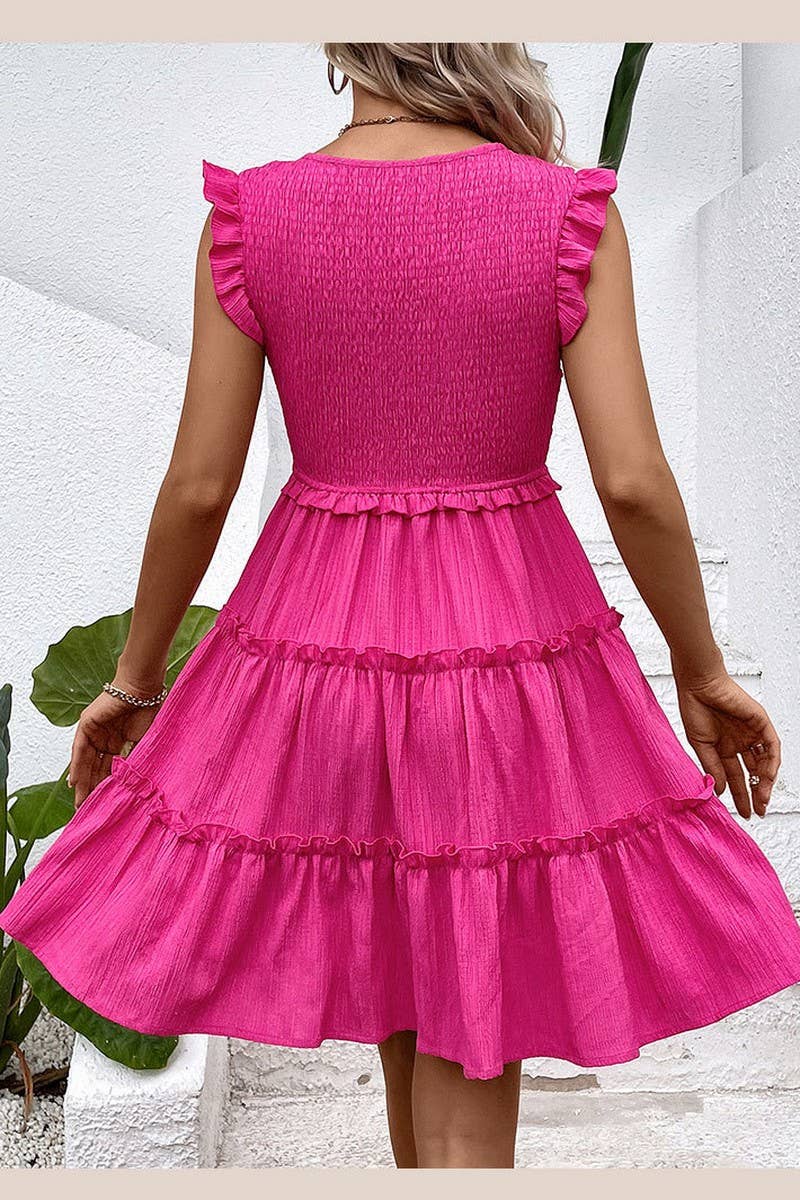 V-Neck Pink Smocking Detailed Dress