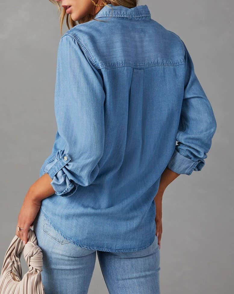 Lapel Single-Breasted Long-Sleeved Denim Shirt: Blue*