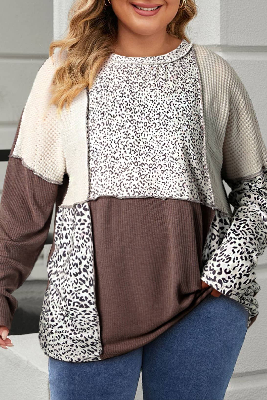 Curvy Leopard Colorblock Textured Knit Patchwork Top