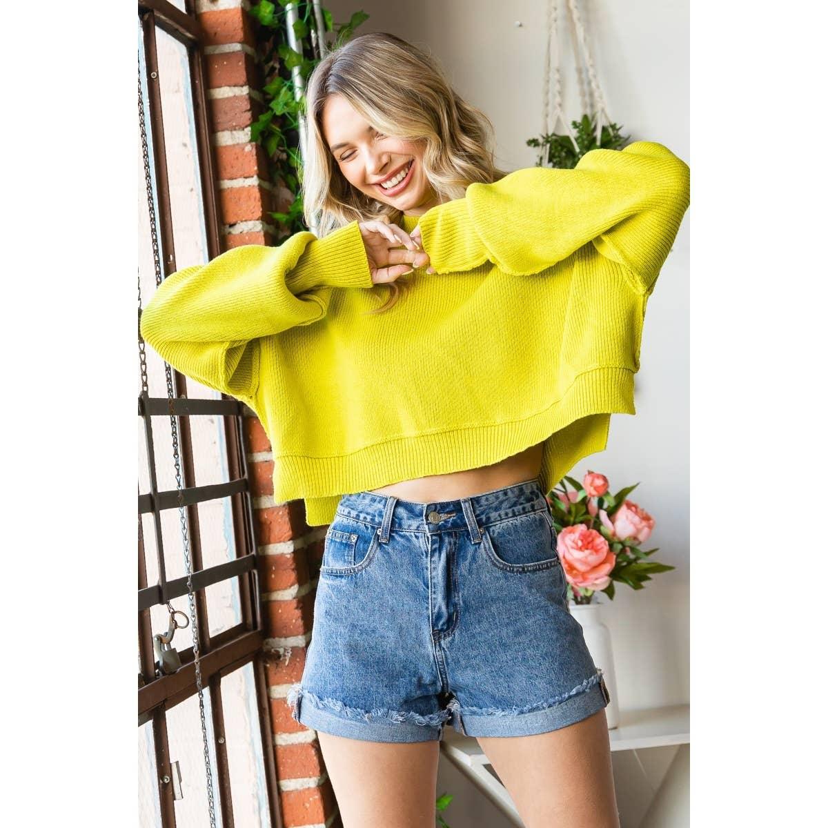 Mock neck Cropped Sweater Top - Lime*